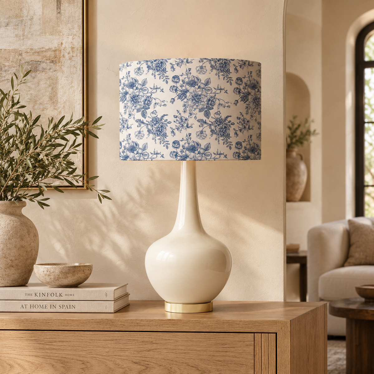 Aurelia Ceramic Table Lamp — Blue & White Toile Floral Drum Shade