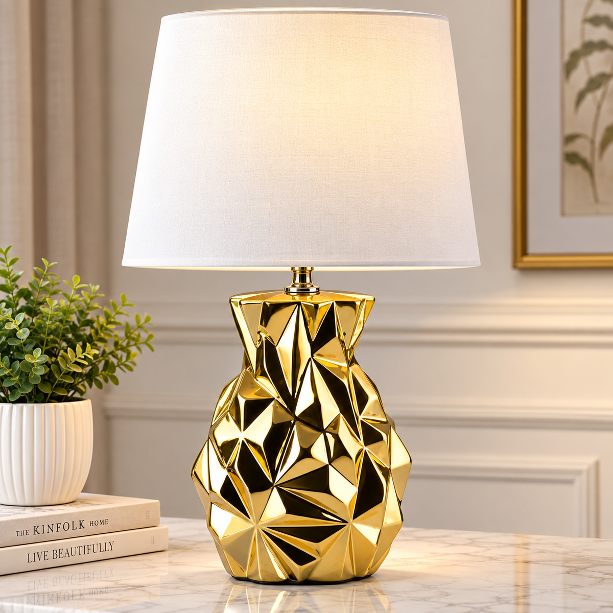Nhome Curves Gold Ceramic Table Lamp with White Fabric Shade