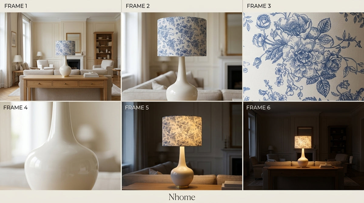 Aurelia Ceramic Table Lamp — Blue & White Toile Floral Drum Shade